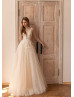 Beaded Ivory 3D Floral Lace Champagne Tulle Tender Wedding Dress